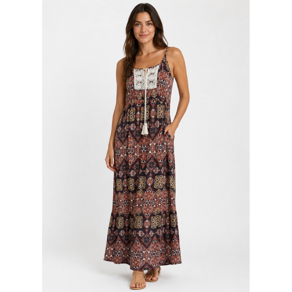 BOHO Hint of Blush Maxi Dress Bohemian Medallion Print Crochet Trim Women's Sz M